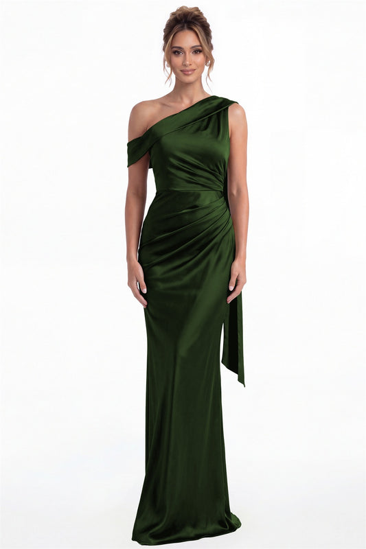 Emerald Green One Shoulder Draped Ruched Satin Maxi Gown - Front View