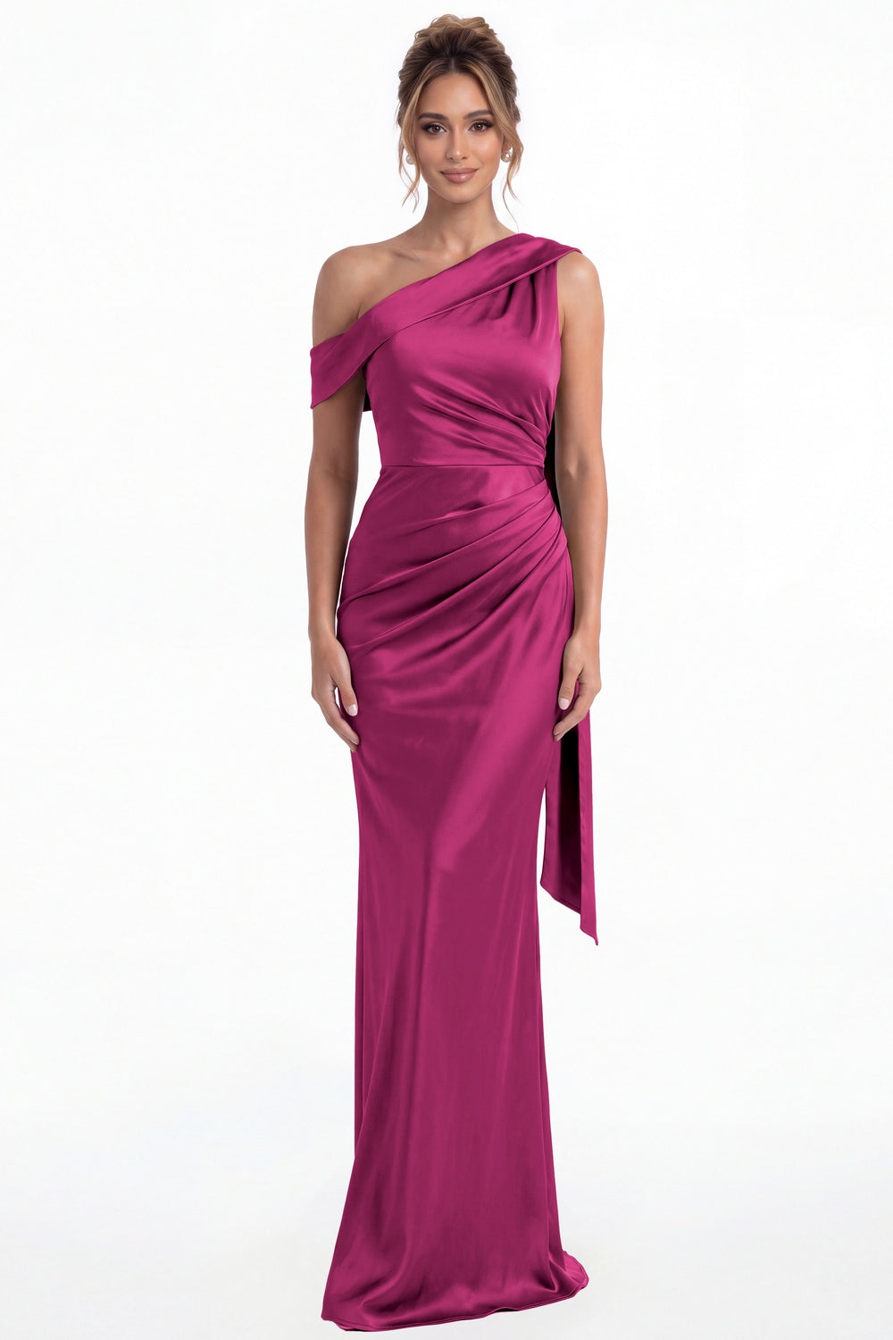 Fuchsia One Shoulder Draped Ruched Satin Maxi Gown - Front View