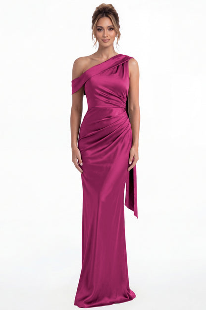 Fuchsia One Shoulder Draped Ruched Satin Maxi Gown - Front View