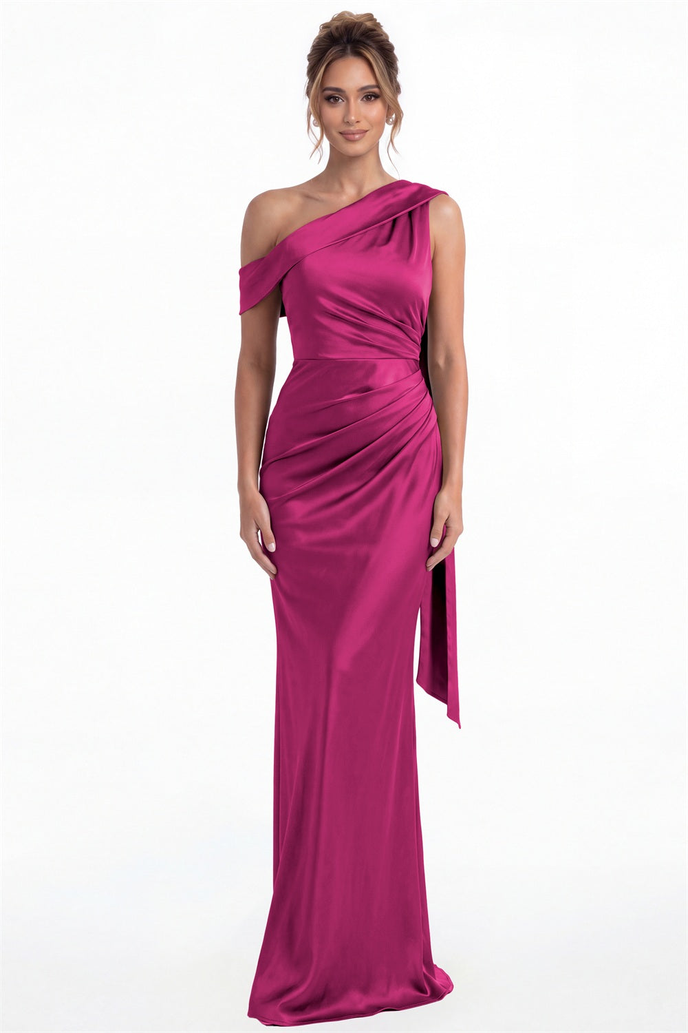 Fuchsia One Shoulder Draped Ruched Satin Maxi Gown - Front View