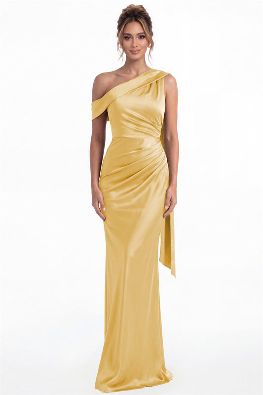 Gold One Shoulder Draped Ruched Satin Maxi Gown - Front View