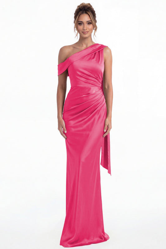 Hot Pink One Shoulder Draped Ruched Satin Maxi Gown - Front View