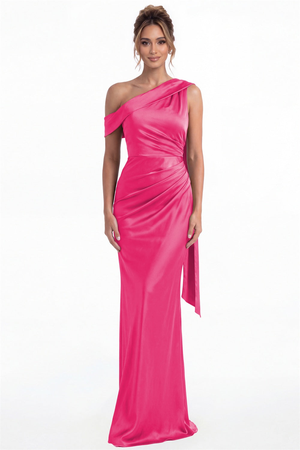 Hot Pink One Shoulder Draped Ruched Satin Maxi Gown - Front View
