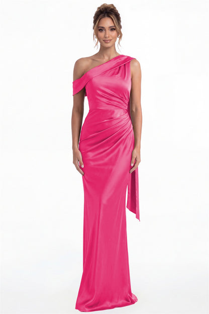 Hot Pink One Shoulder Draped Ruched Satin Maxi Gown - Front View