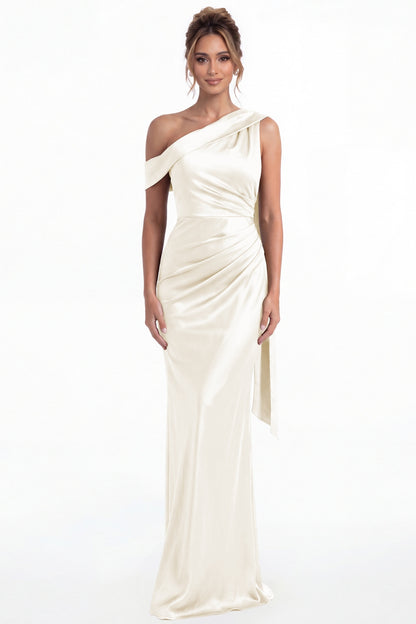 Ivory One Shoulder Draped Ruched Satin Maxi Gown - Front View