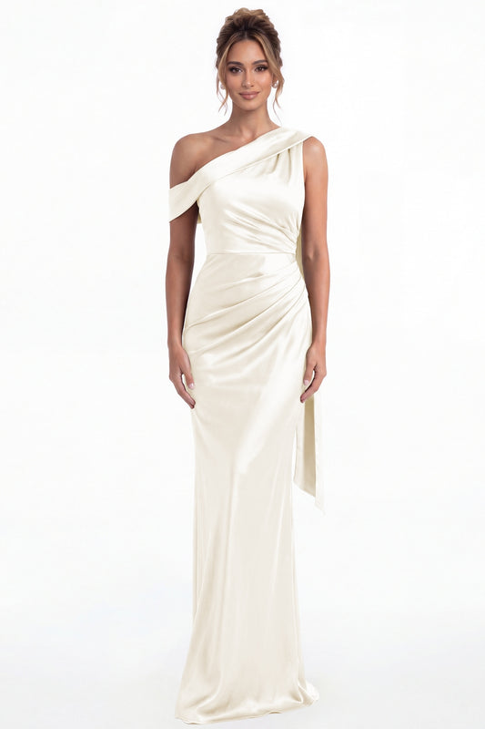 Ivory One Shoulder Draped Ruched Satin Maxi Gown - Front View