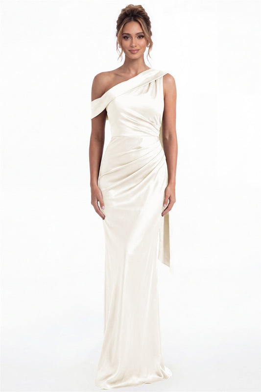 Ivory One Shoulder Draped Ruched Satin Maxi Gown - Front View