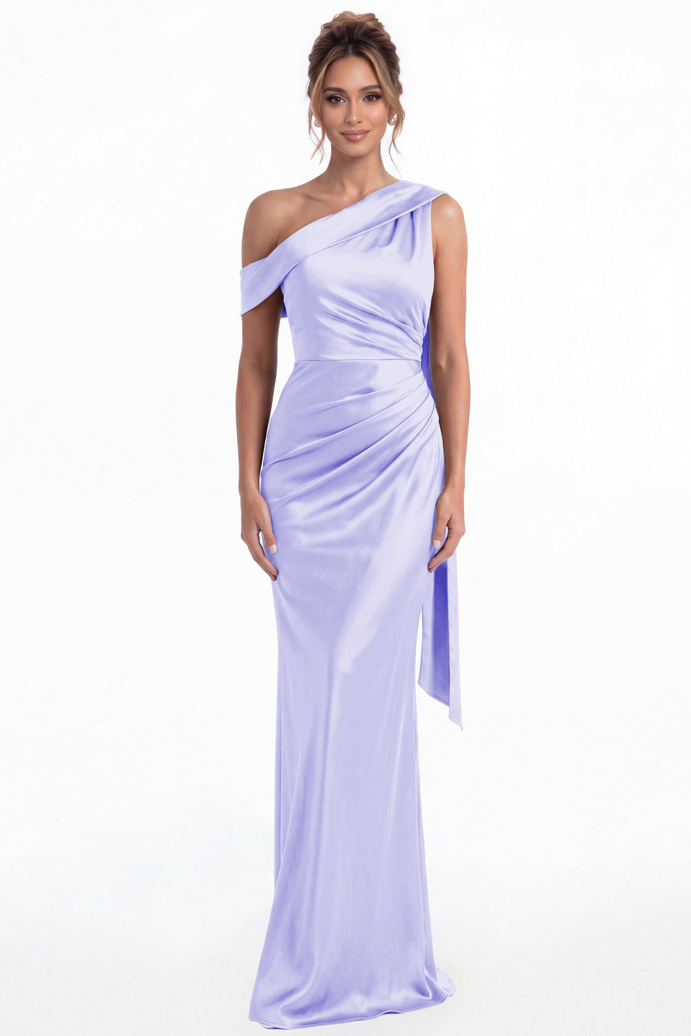 Lavender One Shoulder Draped Ruched Satin Maxi Gown - Front View