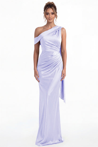 Lavender One Shoulder Draped Ruched Satin Maxi Gown - Front View