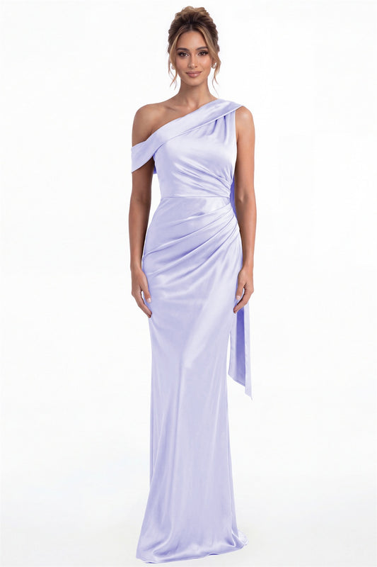 Lavender One Shoulder Draped Ruched Satin Maxi Gown - Front View