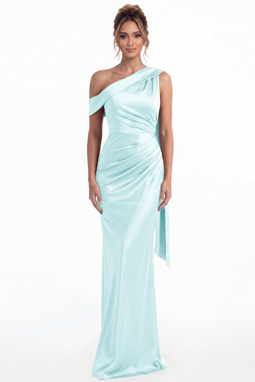 Light Blue One Shoulder Draped Ruched Satin Maxi Gown - Front View