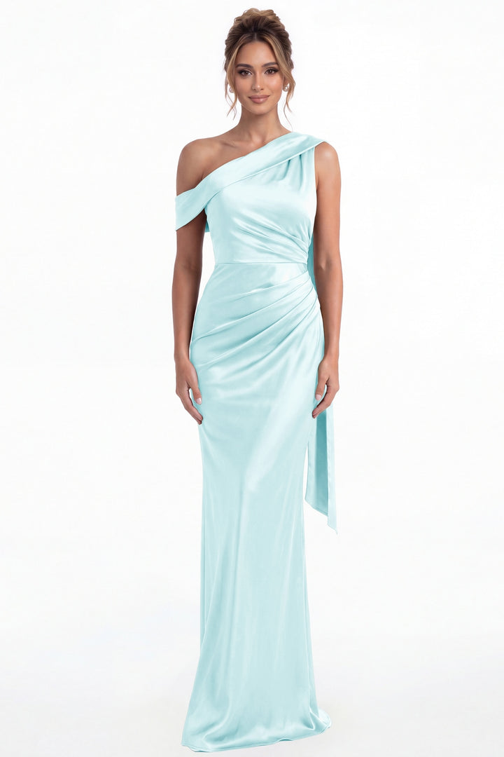 Light Blue One Shoulder Draped Ruched Satin Maxi Gown - Front View