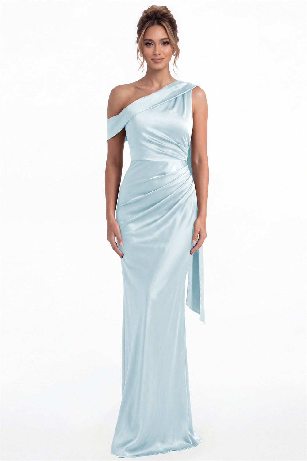 Light Blue One Shoulder Draped Ruched Satin Maxi Gown - Front View
