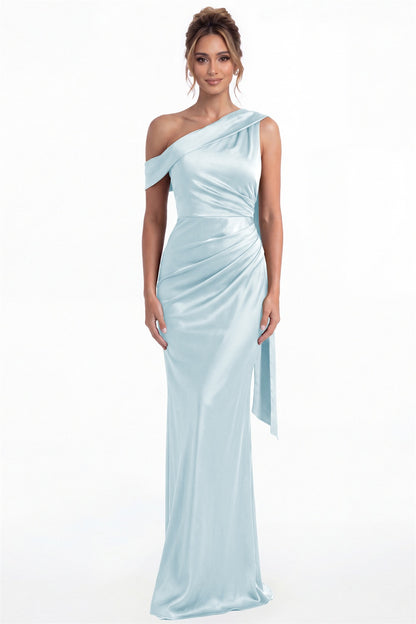 Light Blue One Shoulder Draped Ruched Satin Maxi Gown - Front View