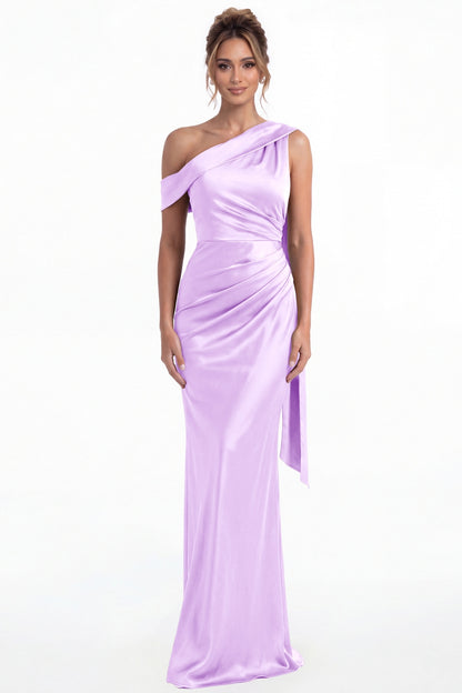 Lilac One Shoulder Draped Ruched Satin Maxi Gown - Front View