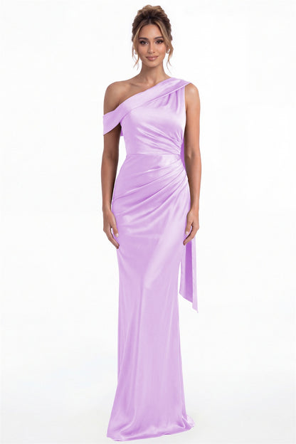 Lilac One Shoulder Draped Ruched Satin Maxi Gown - Front View