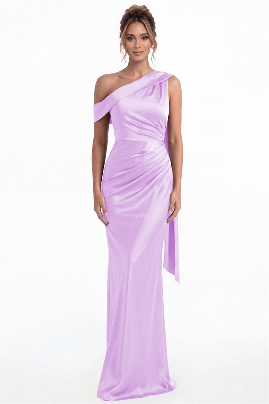 Lilac One Shoulder Draped Ruched Satin Maxi Gown - Front View