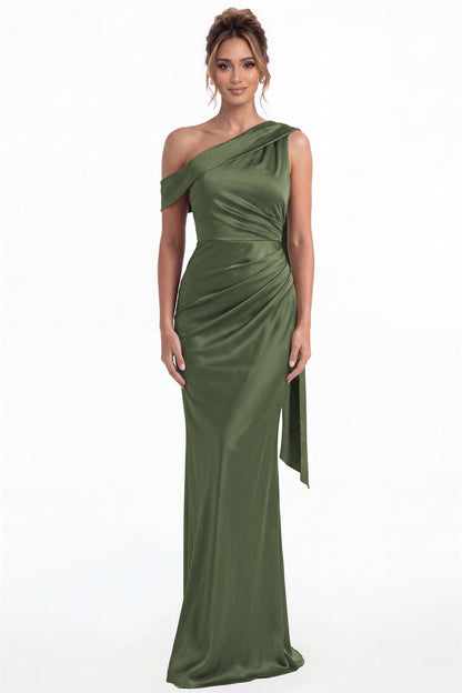 Moss Green One Shoulder Draped Ruched Satin Maxi Gown - Front View