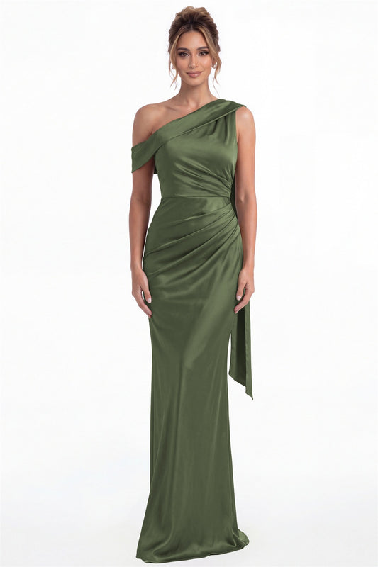 Moss Green One Shoulder Draped Ruched Satin Maxi Gown - Front View