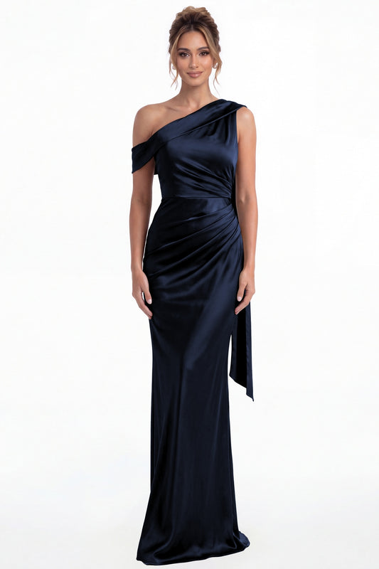 Navy Blue One Shoulder Draped Ruched Satin Maxi Gown - Front View
