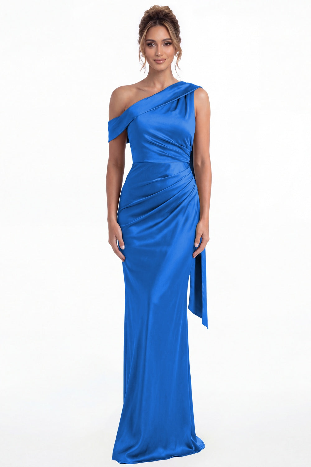 Ocean Blue One Shoulder Draped Ruched Satin Maxi Gown - Front View