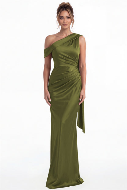 Olive Green One Shoulder Draped Ruched Satin Maxi Gown - Front View