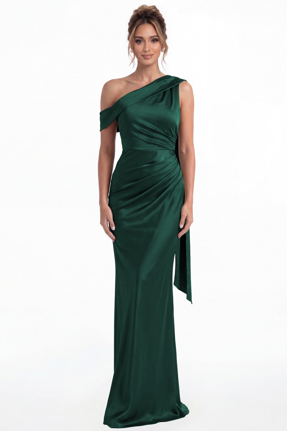 Peacock One Shoulder Draped Ruched Satin Maxi Gown - Front View