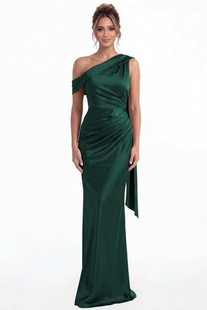 Peacock One Shoulder Draped Ruched Satin Maxi Gown - Front View