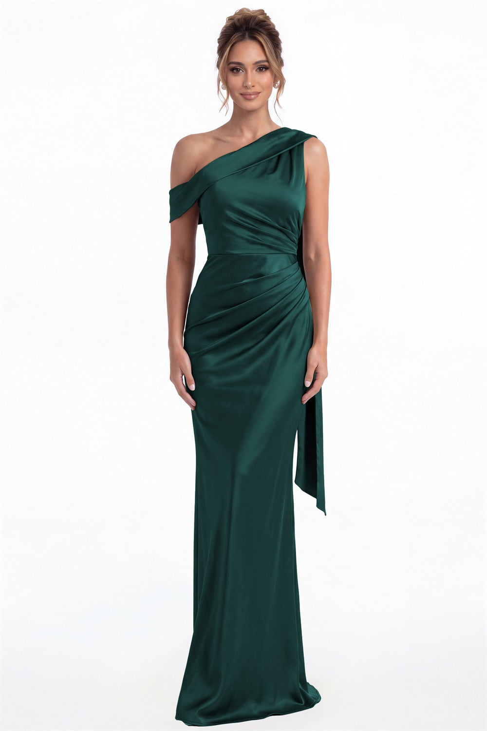 Peacock One Shoulder Draped Ruched Satin Maxi Gown - Front View