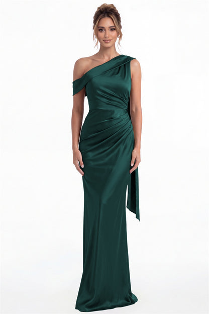 Peacock One Shoulder Draped Ruched Satin Maxi Gown - Front View