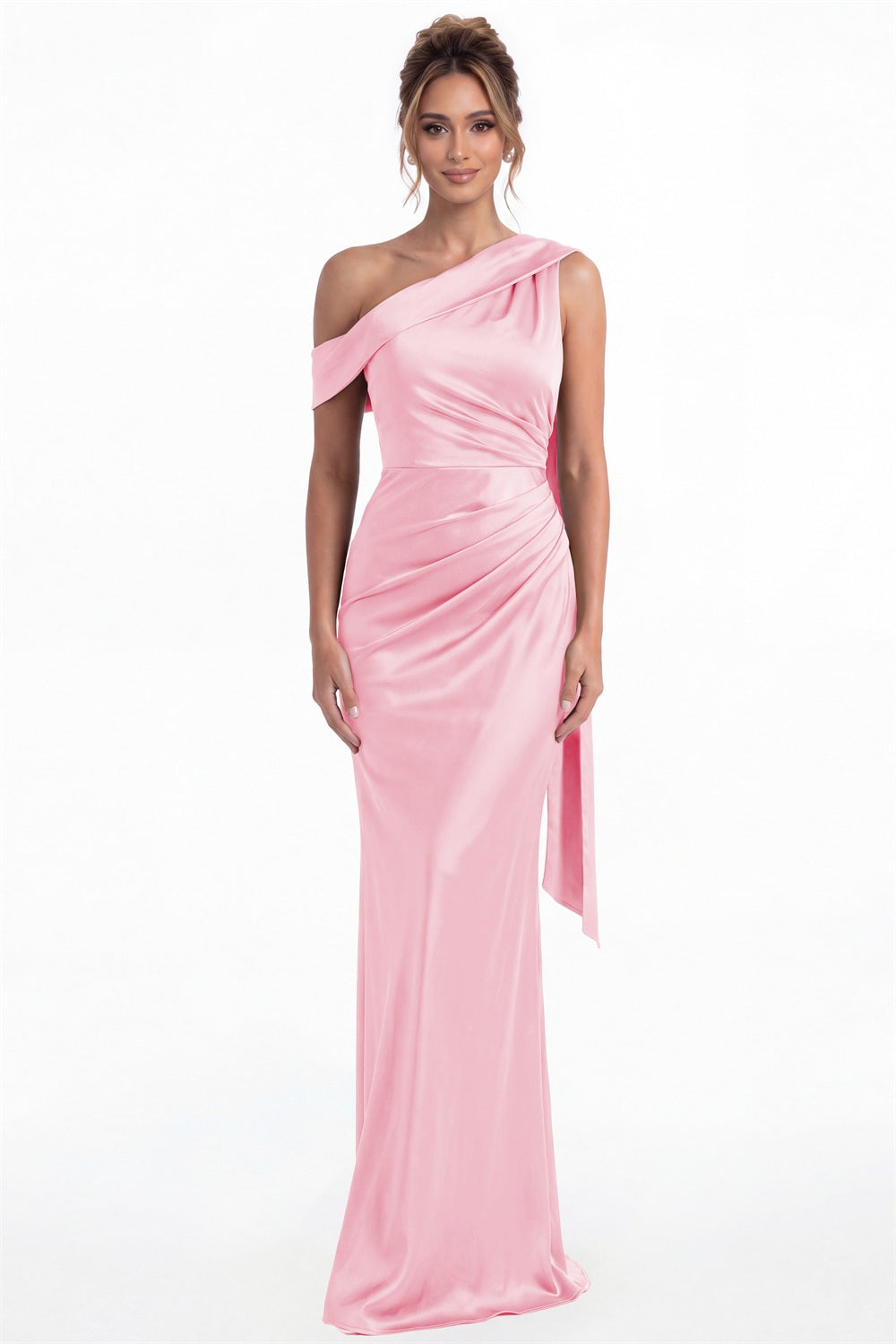 Pink One Shoulder Draped Ruched Satin Maxi Gown - Front View