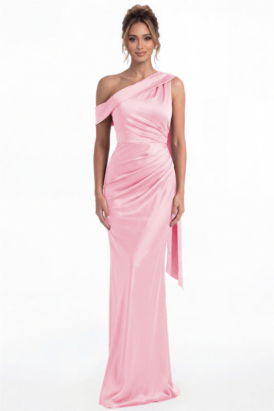Pink One Shoulder Draped Ruched Satin Maxi Gown - Front View