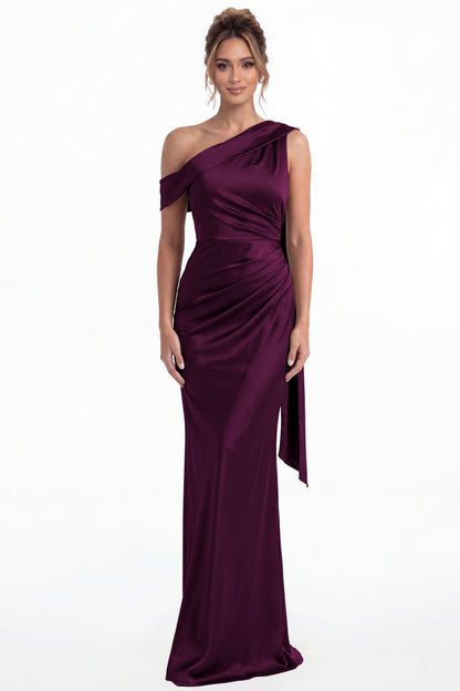 Plum One Shoulder Draped Ruched Satin Maxi Gown - Front View