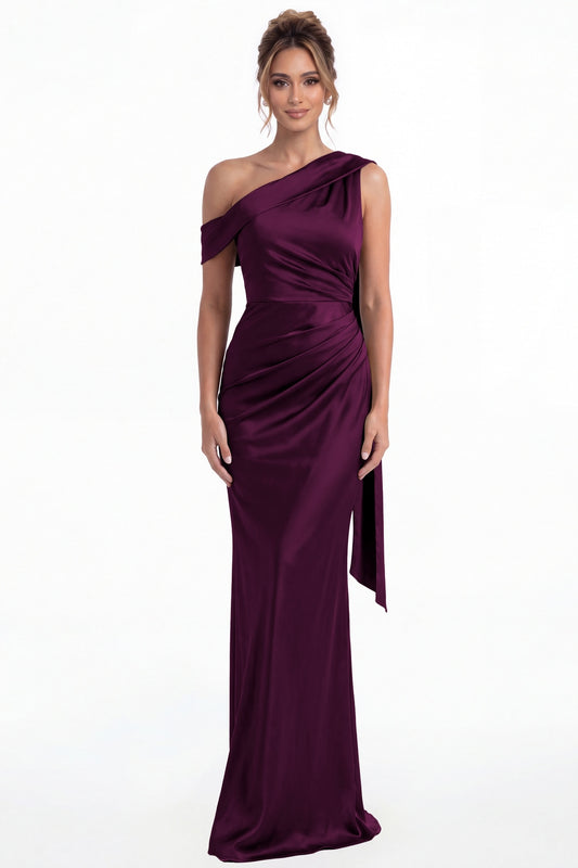Plum One Shoulder Draped Ruched Satin Maxi Gown - Front View
