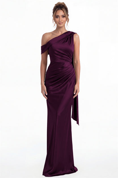 Plum One Shoulder Draped Ruched Satin Maxi Gown - Front View