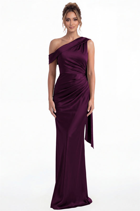Plum One Shoulder Draped Ruched Satin Maxi Gown - Front View