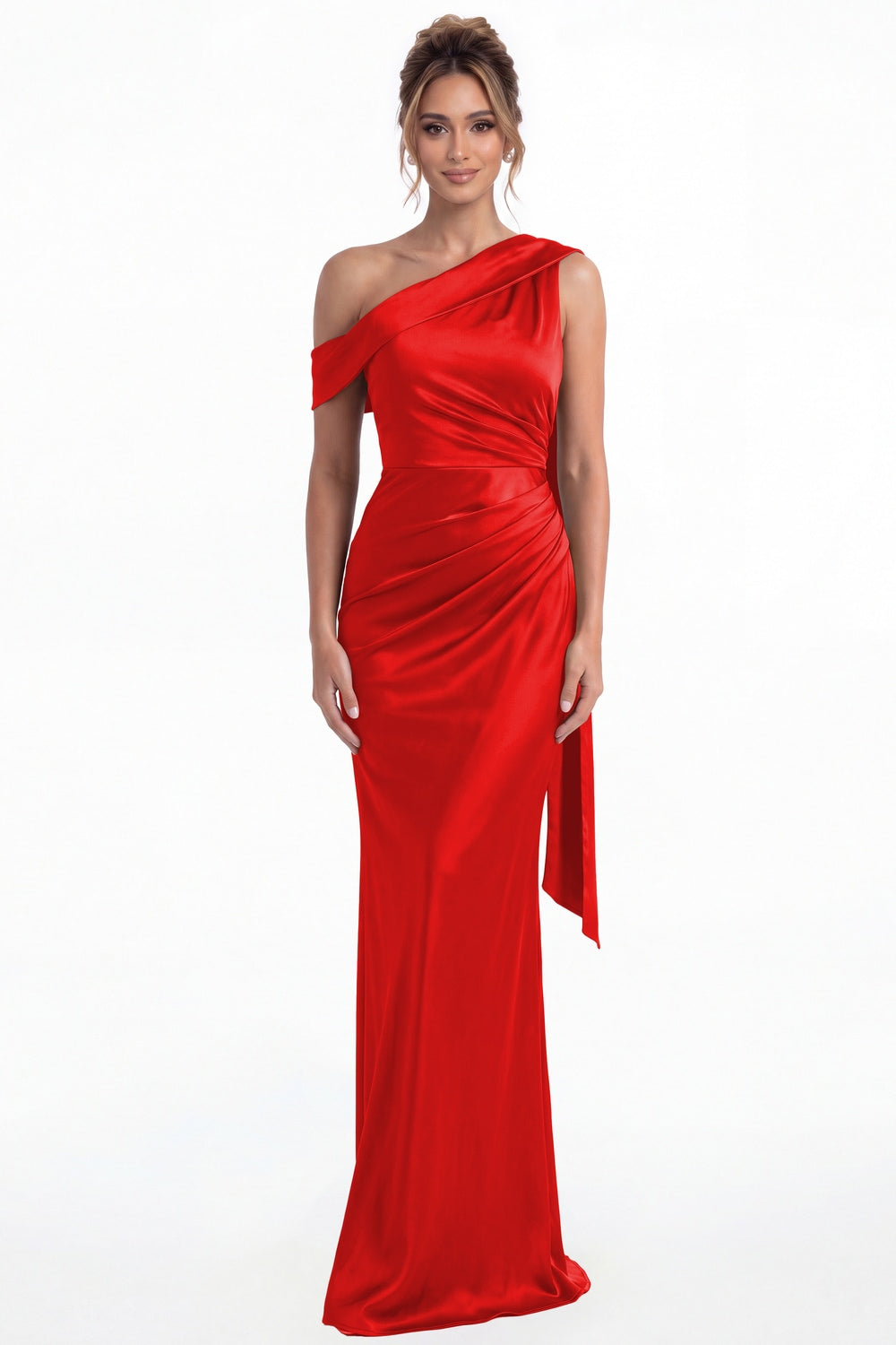 Red One Shoulder Draped Ruched Satin Maxi Gown - Front View