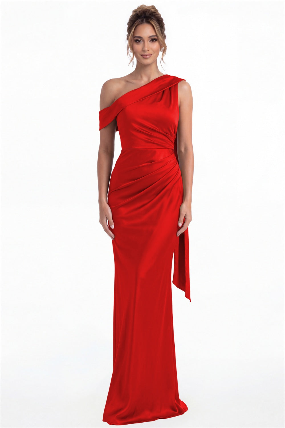Red One Shoulder Draped Ruched Satin Maxi Gown - Front View