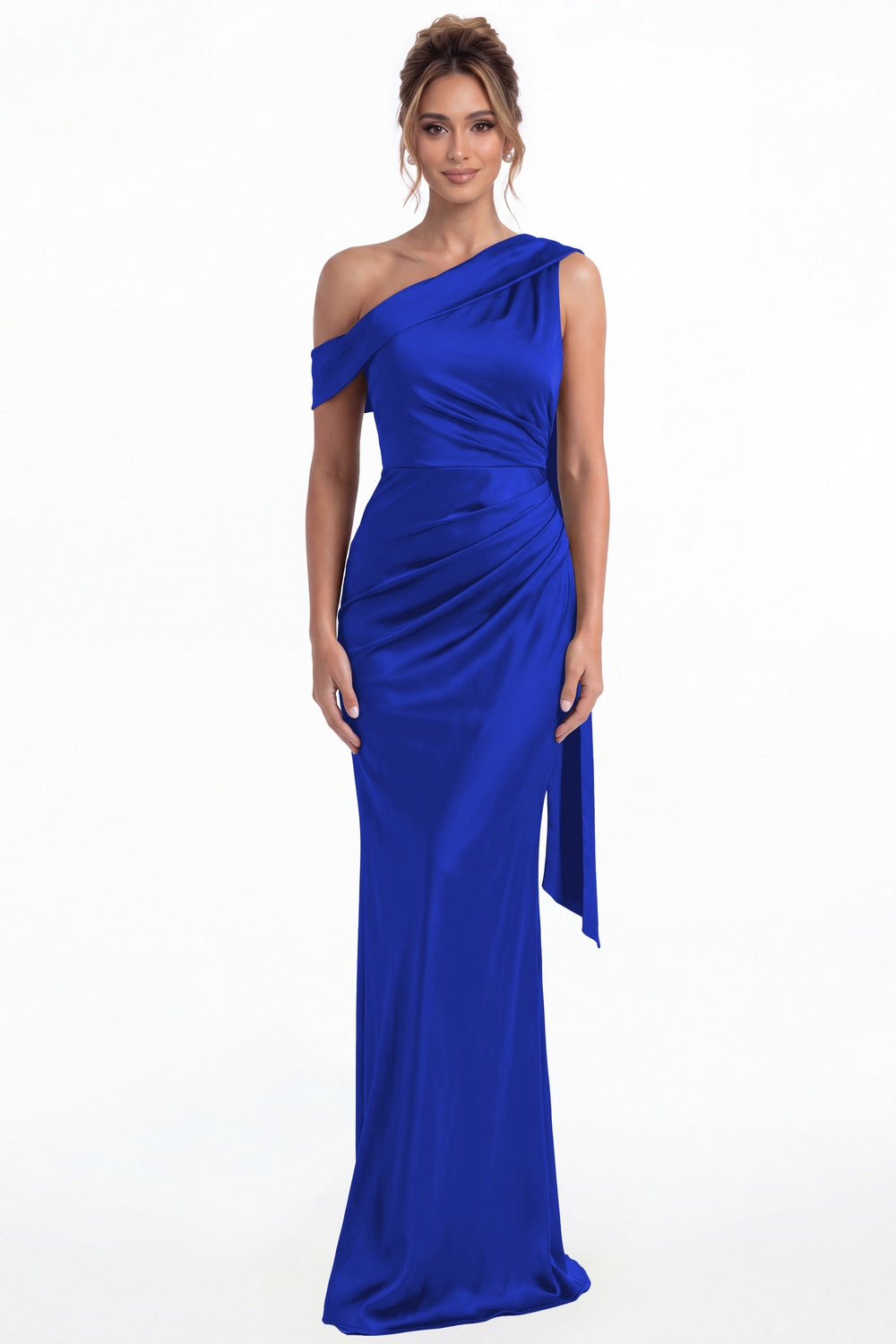 Royal Blue One Shoulder Draped Ruched Satin Maxi Gown - Front View