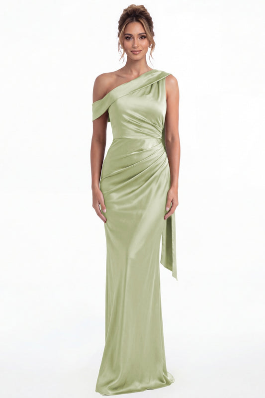 Sage Green One Shoulder Draped Ruched Satin Maxi Gown - Front View