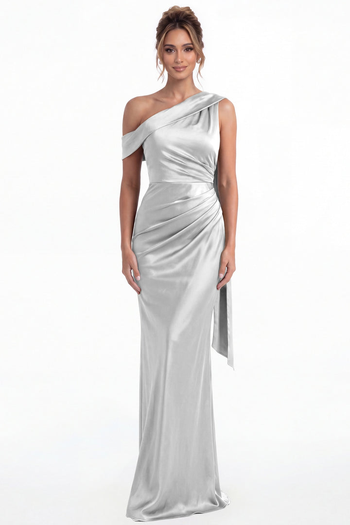 Silver One Shoulder Draped Ruched Satin Maxi Gown - Front View