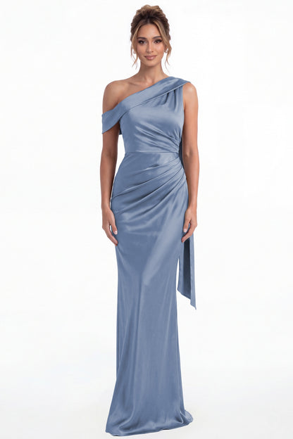 Steel Blue One Shoulder Draped Ruched Satin Maxi Gown - Front View