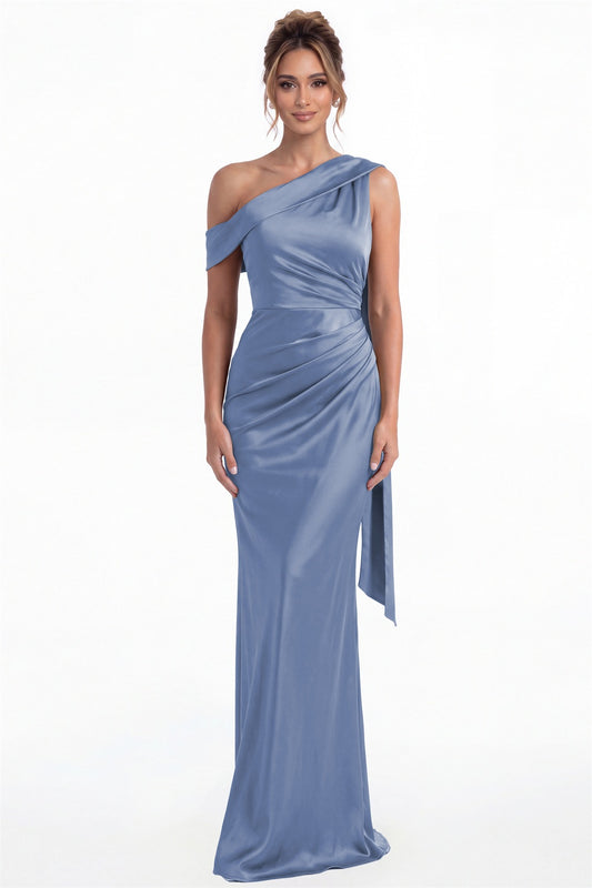 Steel Blue One Shoulder Draped Ruched Satin Maxi Gown - Front View