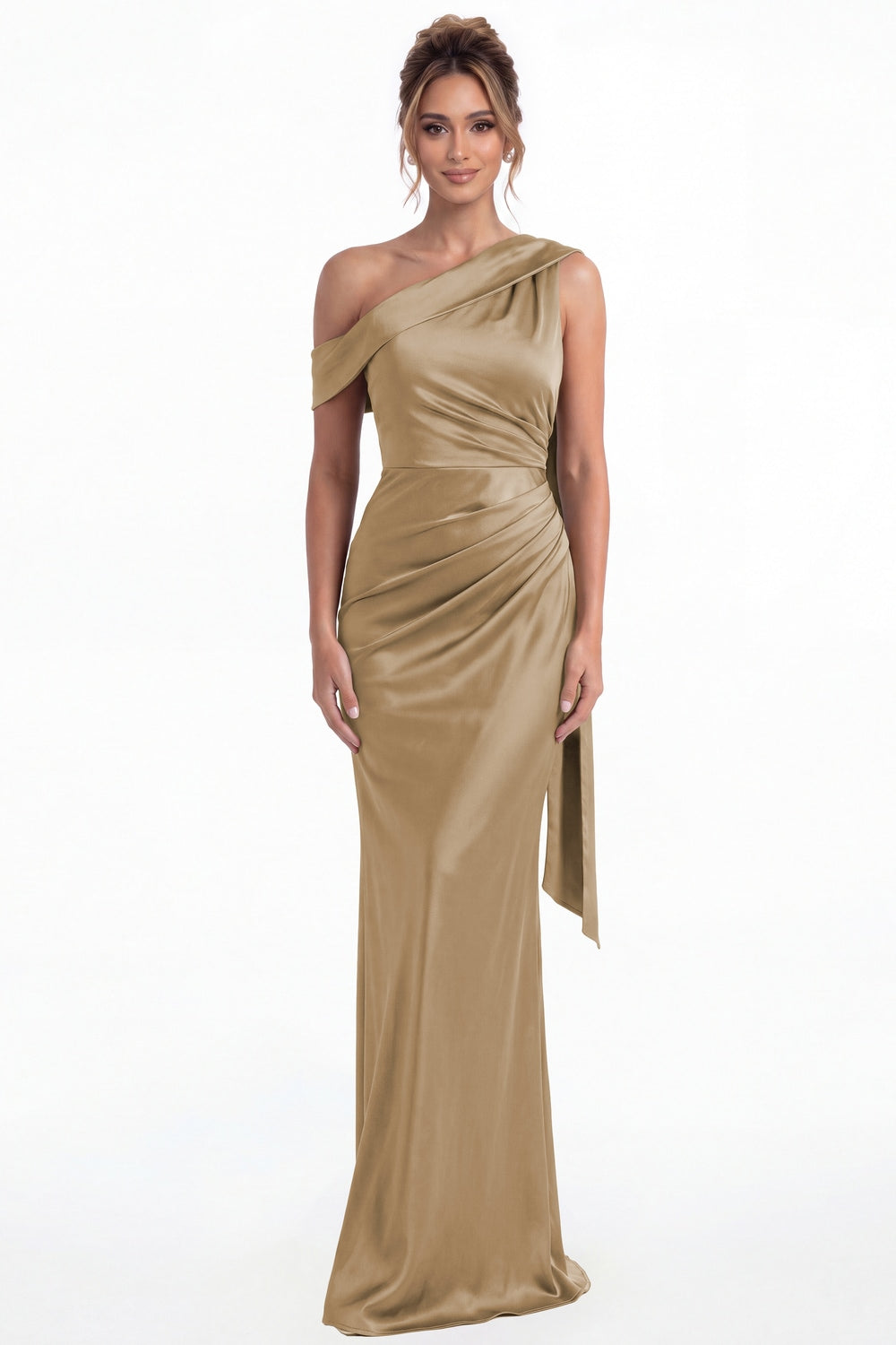 Taupe One Shoulder Draped Ruched Satin Maxi Gown - Front View