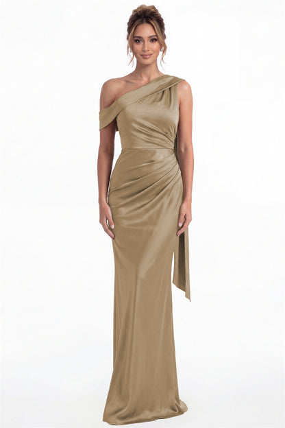Taupe One Shoulder Draped Ruched Satin Maxi Gown - Front View