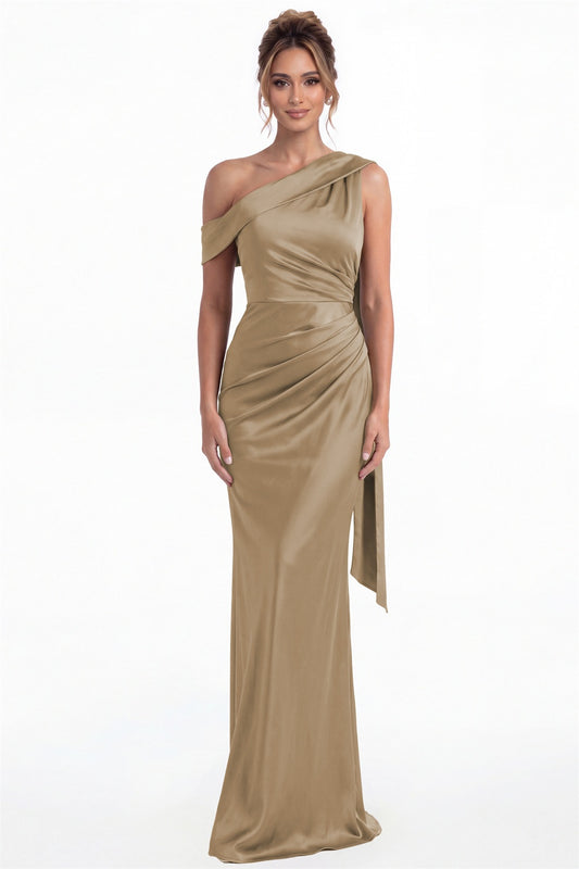 Taupe One Shoulder Draped Ruched Satin Maxi Gown - Front View