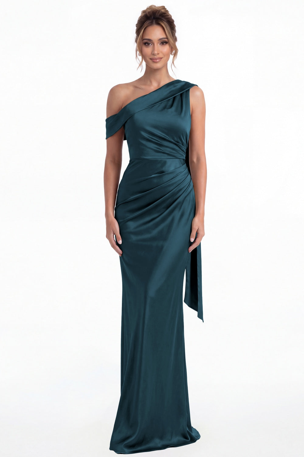 Teal One Shoulder Draped Ruched Satin Maxi Gown - Front View