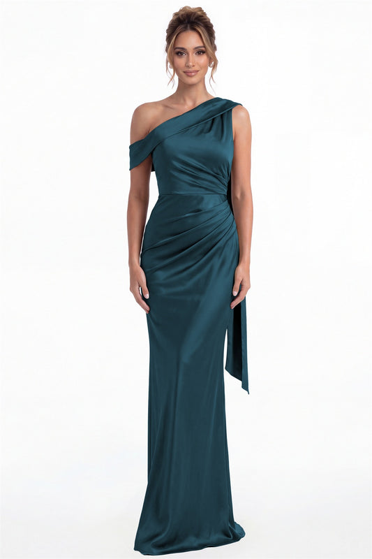 Teal One Shoulder Draped Ruched Satin Maxi Gown - Front View