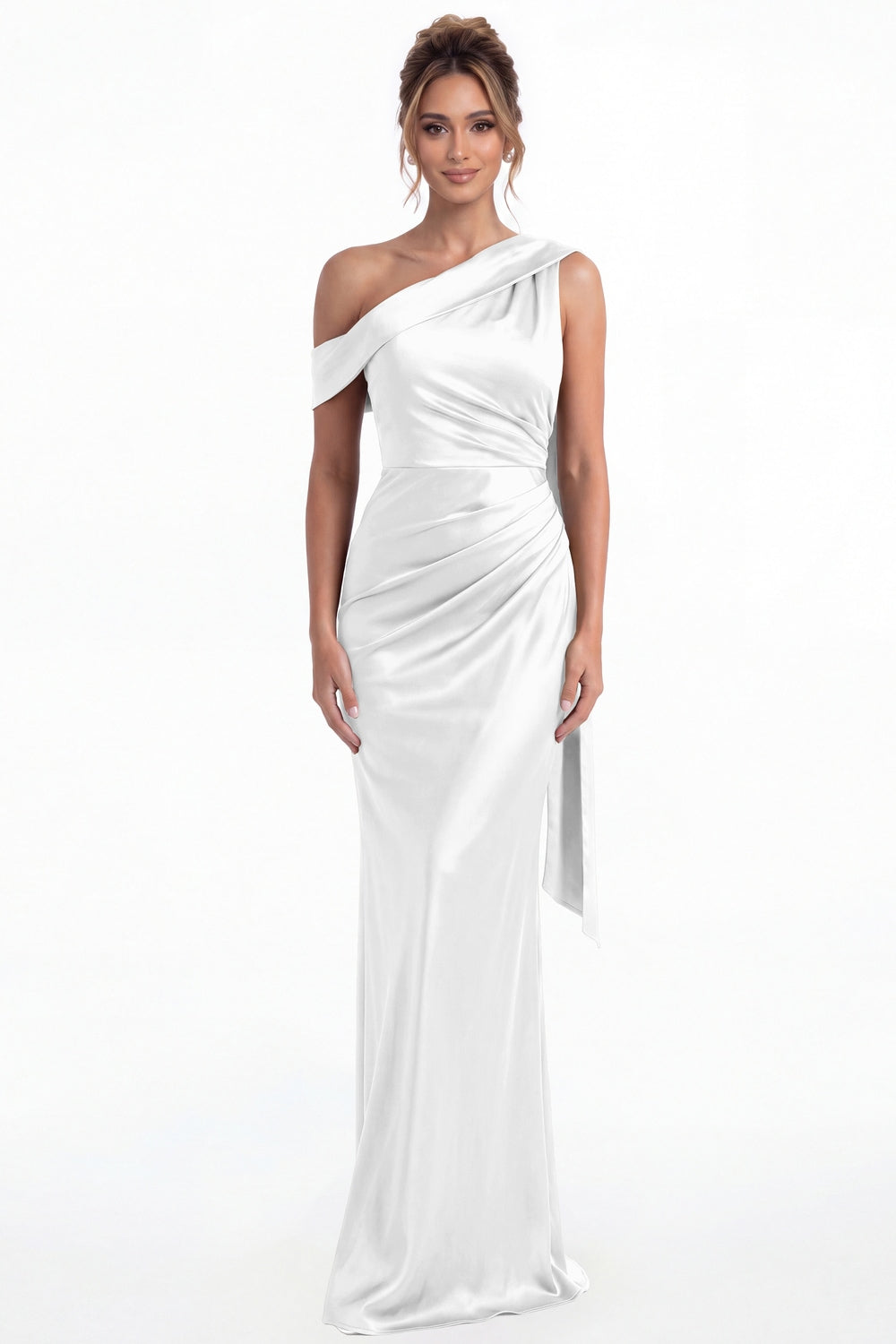 White One Shoulder Draped Ruched Satin Maxi Gown - Front View