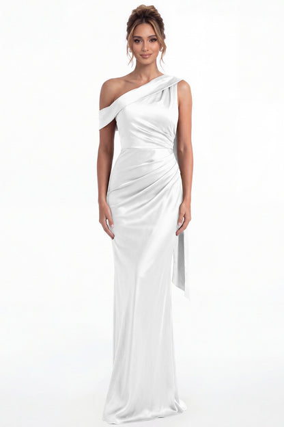 White One Shoulder Draped Ruched Satin Maxi Gown - Front View